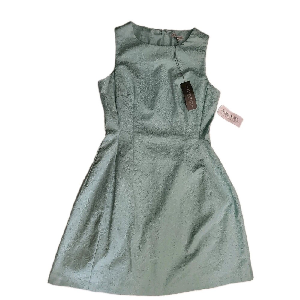 Eva Mendez Women Size 8 Dress Light Teal Brocade Fabric Fit A-Line Mint Green